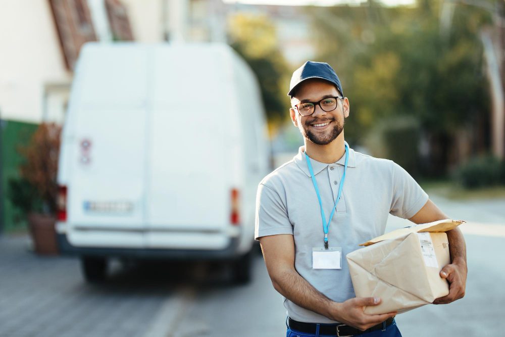 happy delivery man carrying packages looking camera while standing street